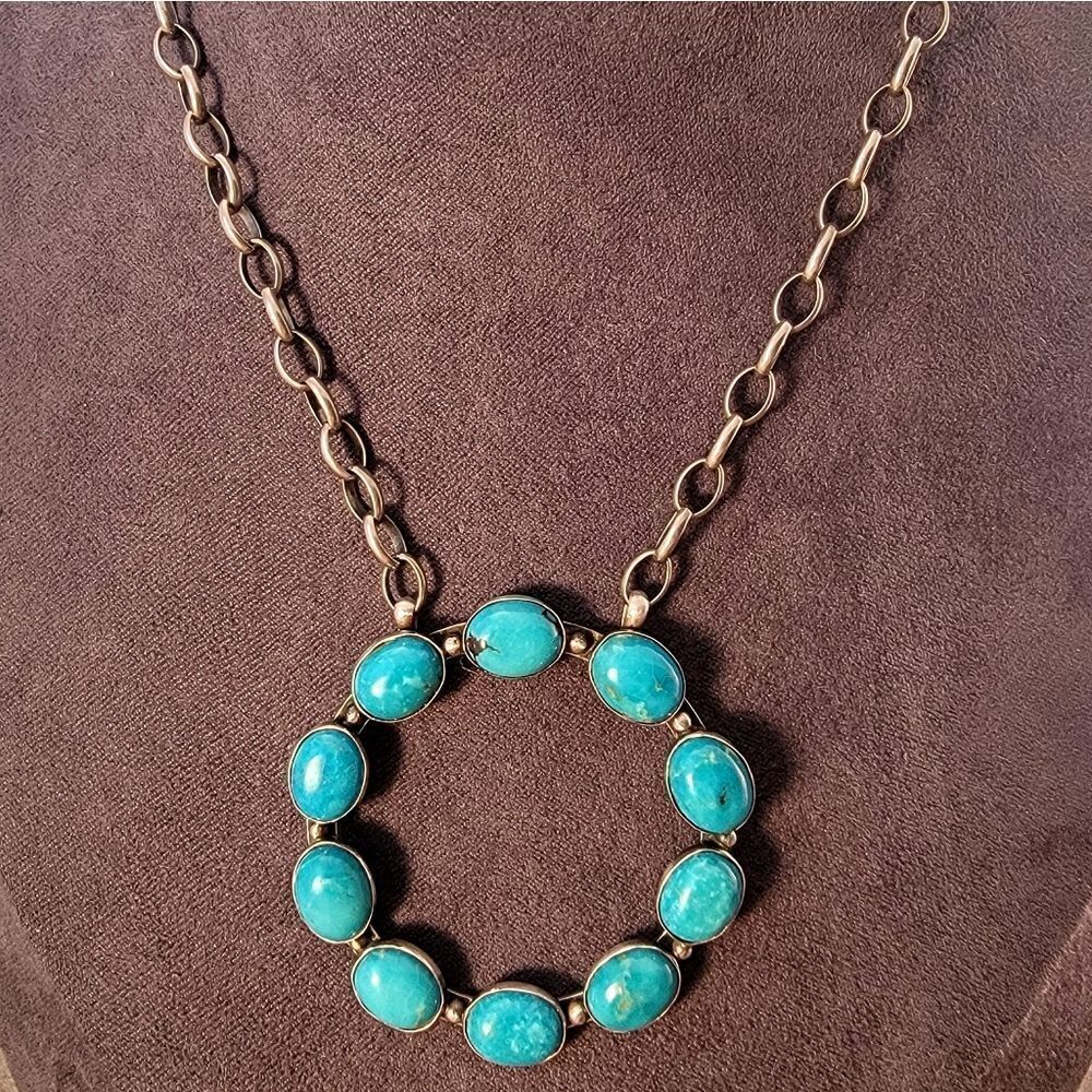 Sterling Dorothy Secatero Navajo Kingman Blue Turquoise Circle Necklace - Picture 3 of 13